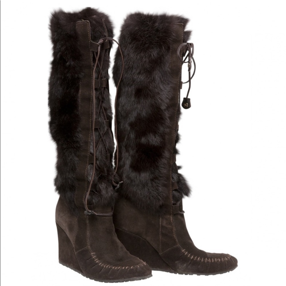 Celine Brown Fur and Suede Wedge Boots Size 37